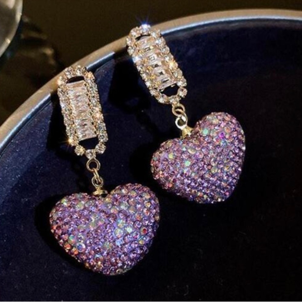 Purple Heart Rhinestone Drop Earrings - Picture 6 of 12